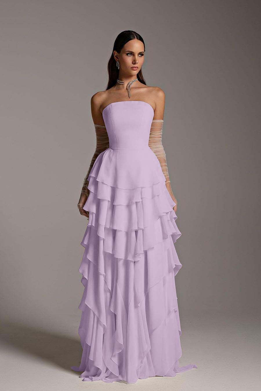 Lvs&Broner Charming Strapless Sleeveless Ruffles Long Prom Dress With Gloves