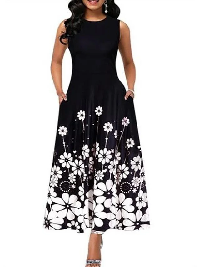 Women's A-Line Dress Maxi long Dress Sleeveless Print Print Summer Casual White Black Blue Purple Wine Green S M L XL XXL