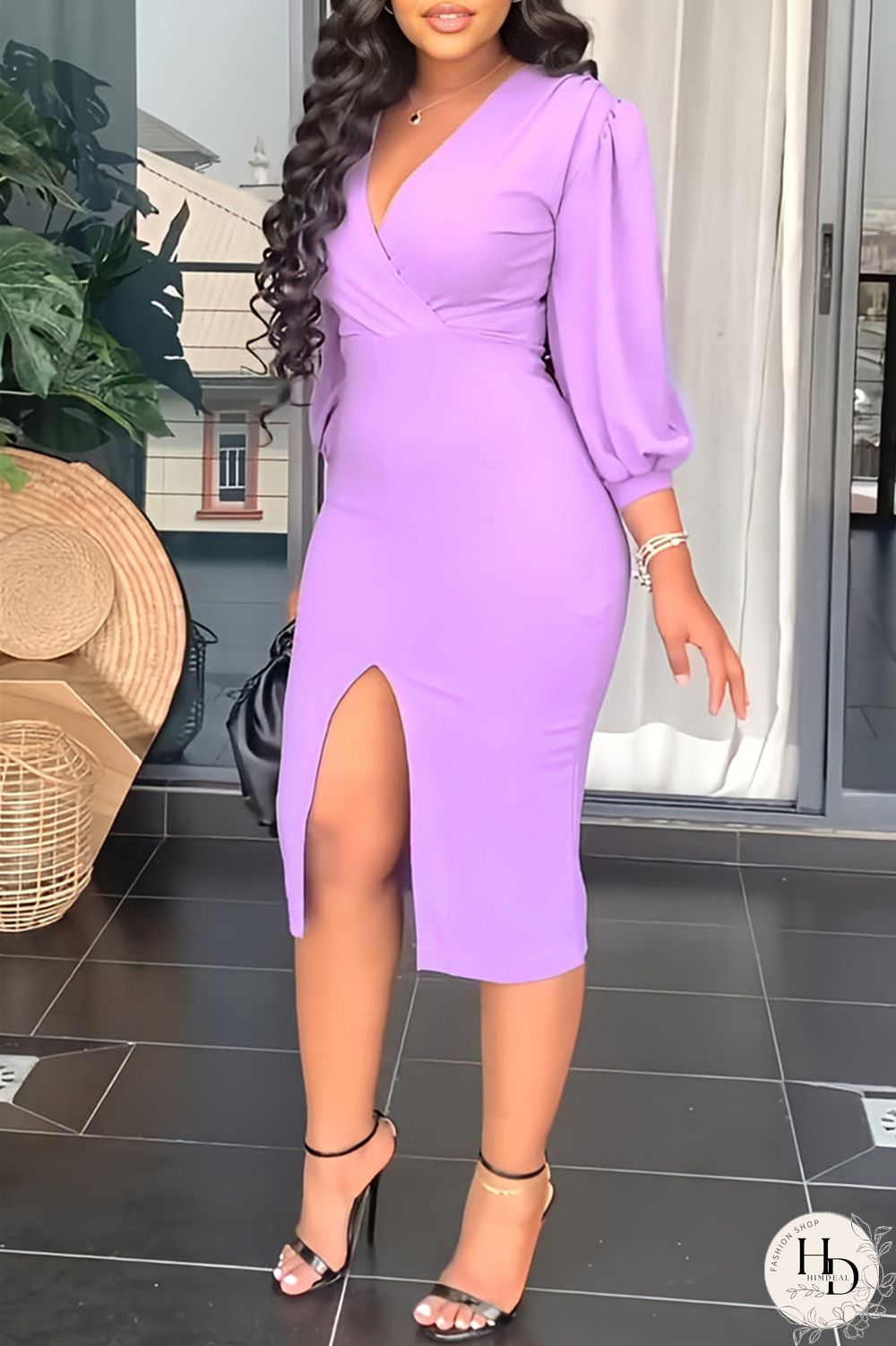 Blue Fashion Casual Solid Split Joint Slit V Neck Long Sleeve Dresses