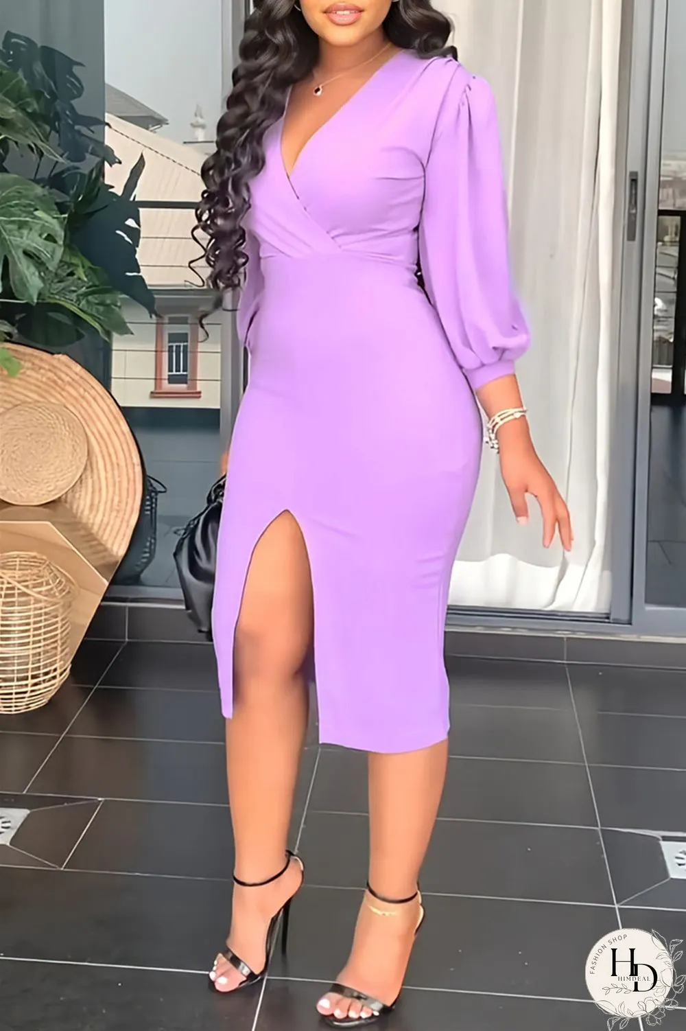 Blue Fashion Casual Solid Split Joint Slit V Neck Long Sleeve Dresses