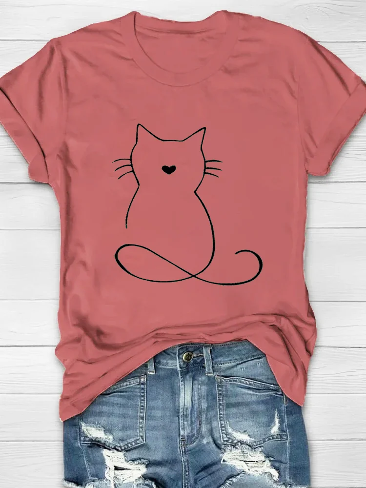 Cat Sketch Graphic Printed Crew Neck Women's T-shirt