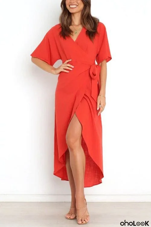 Solid V Neck Tulip Wrap Dress