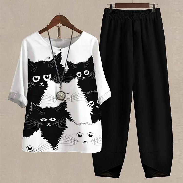 VChics Casual Women's Cartoon Cat Print Two Pieces Set