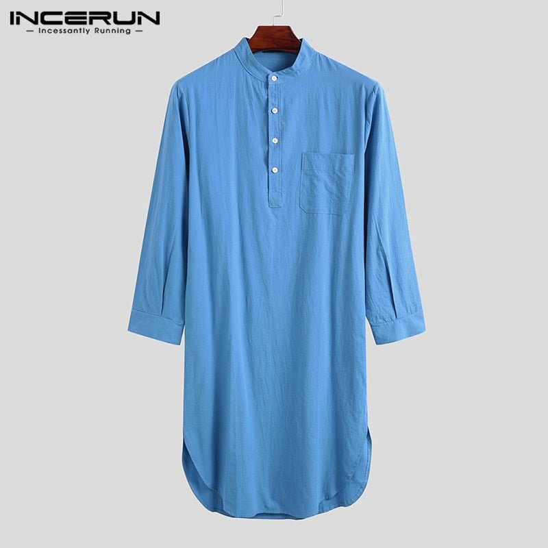 2021 Men's Sleep Robes Solid Color Cotton Long Sleeve Comfort Leisure Homewear O Neck Nightgown Mens Bathrobes INCERUN S-5XL 7
