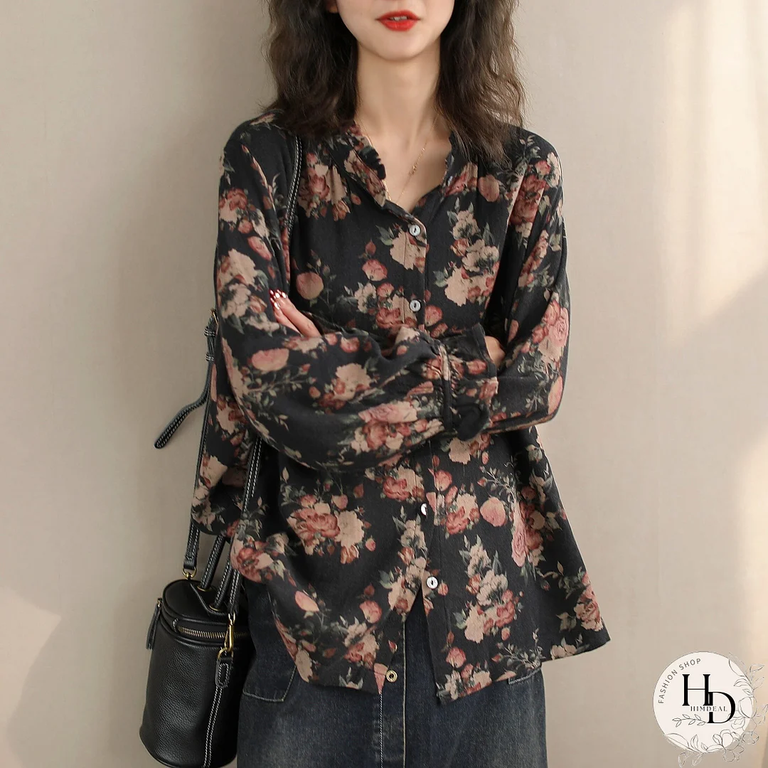 Women Spring Retro Floral Cotton Loose Casual Blouse