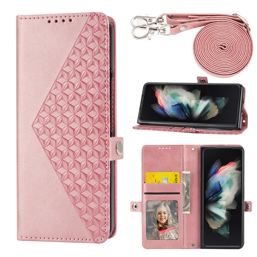 Rhombus Embossing Leather Phone Case With Phone Stand,Cards Slot For Galaxy Z Fold3/Fold4