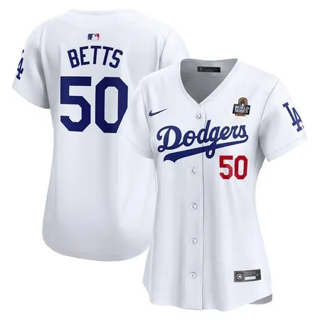 Women's Los Angeles Dodgers #50 Mookie Betts  White 2024 World Series Home Limited Player Jersey