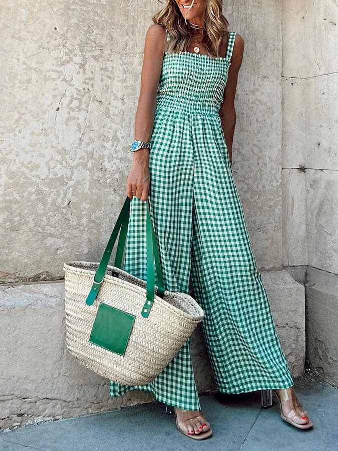 Women's Casual Plaid Suspender Jumpsuit 