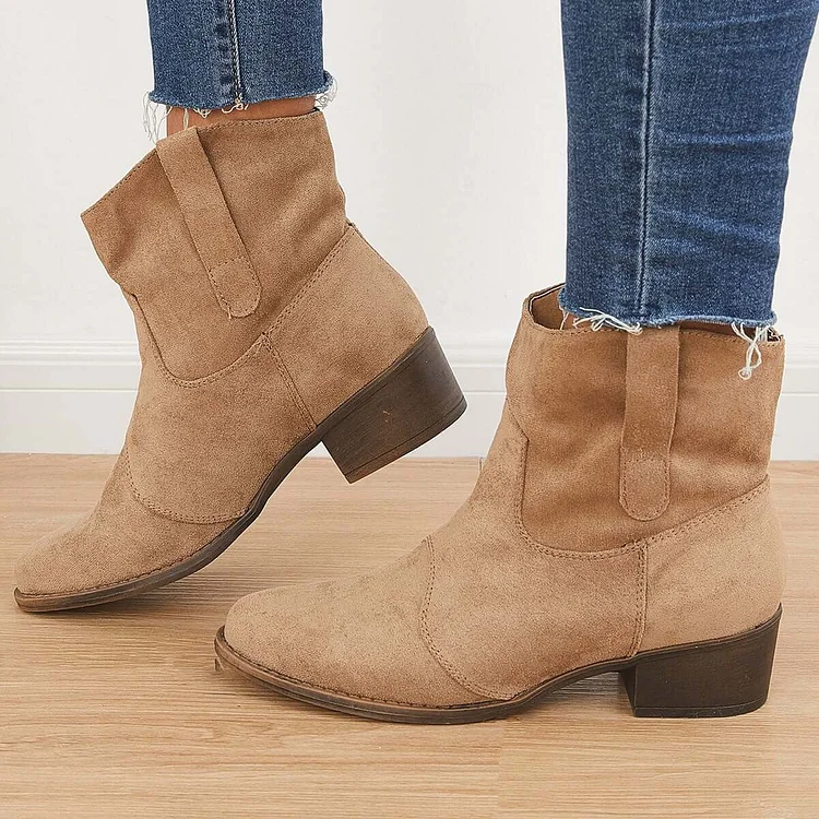 Suede Western Ankle Boots Slip on Block Low Heel Booties