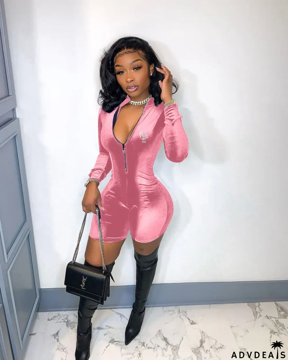 Velvet PINK Letter Print Zipper Long Sleeve Rompers