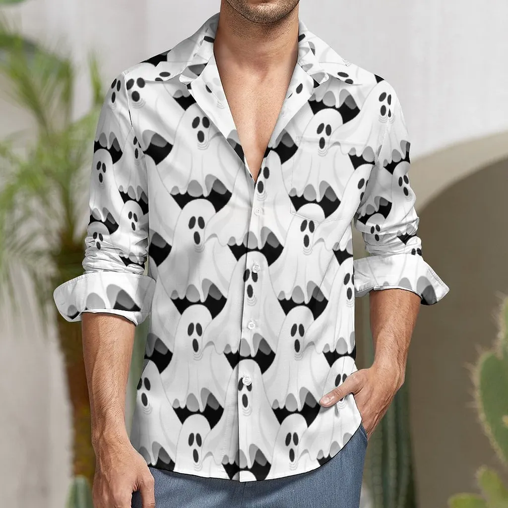 Halloween White Ghosts On Black Holiday Men's Casual Long Sleeve Button Down Pocket Shirt