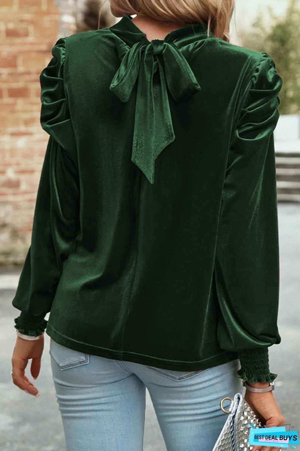 Mock Neck Puff Sleeve Velvet Blouse