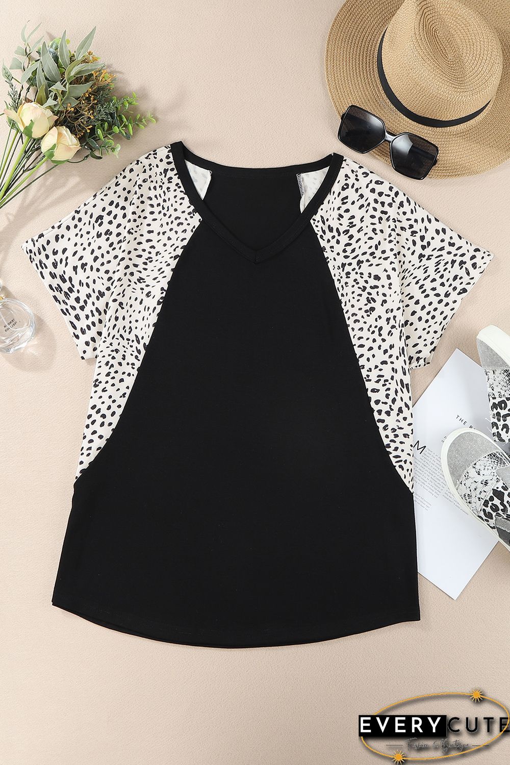 Black Leopard Sleeves Color Block V Neck T-shirt