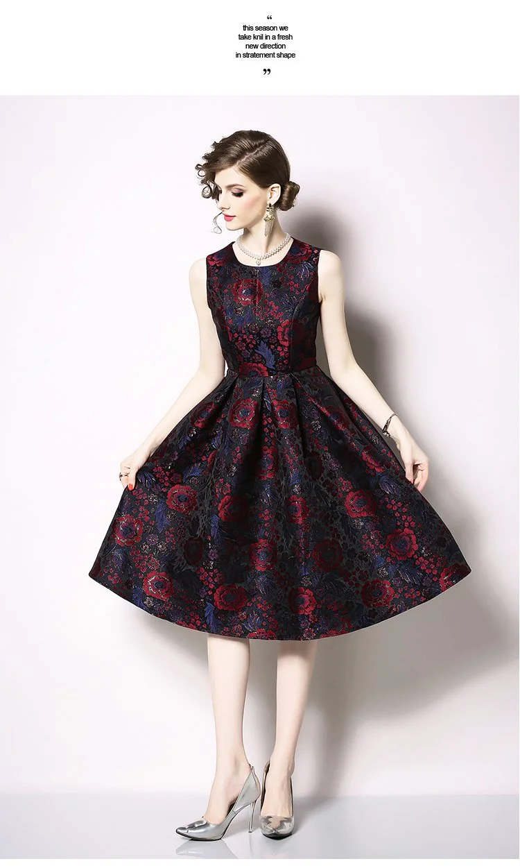 Temperament color big swing sleeveless vest jacquard dress
