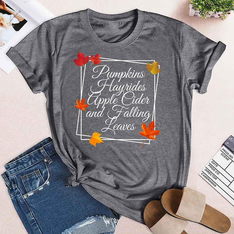 Pumpkins and Falling Leaves T-Shirt-04022-Annaletters