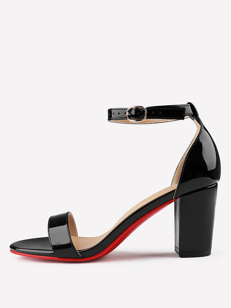 90mm Women's Open Toe Sandals Red Bottom High Heels Ankle Strap  Patent Leather Party Shoes  Chunky Block Heels 