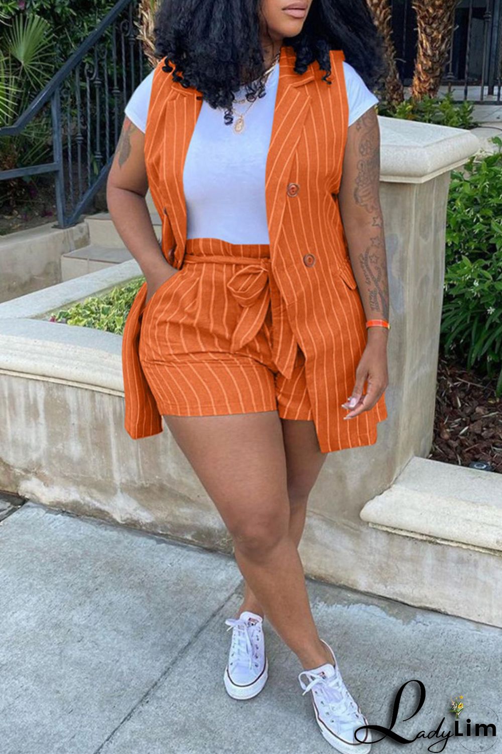 Black Fashion Casual Striped Print Patchwork Cardigan Turndown Collar Plus Size Two Pieces (Without T-shirt)