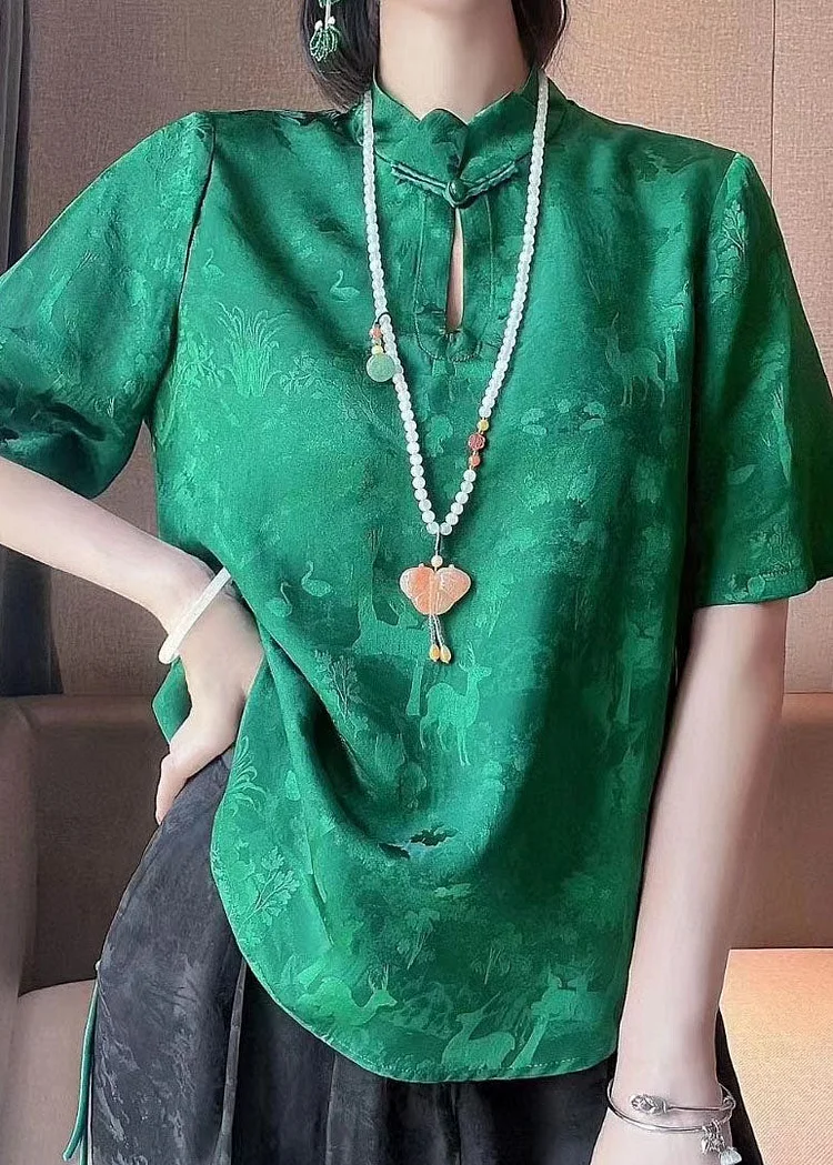 Handmade Green Mandarin Collar Print Oriental Button Silk Blouses Short Sleeve