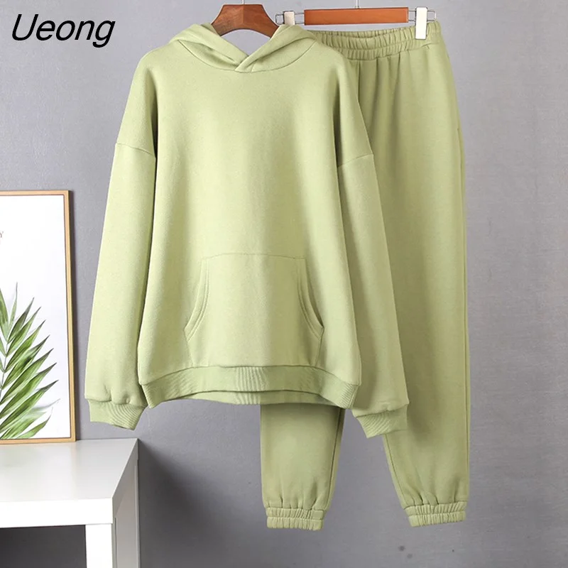 Ueong Cotton Fleece Hoodies Sets Women Autumn Winter Sport Casual Sweatshirts and Pants Two Piece Thicken Warm Hooded Tracksuit