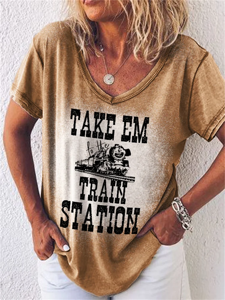 Western Train Letter Bleached Short Sleeve T Shirt