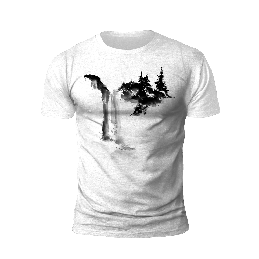 Ink Wash Landscape: Pine Trees and Waterfalls T-Shirt