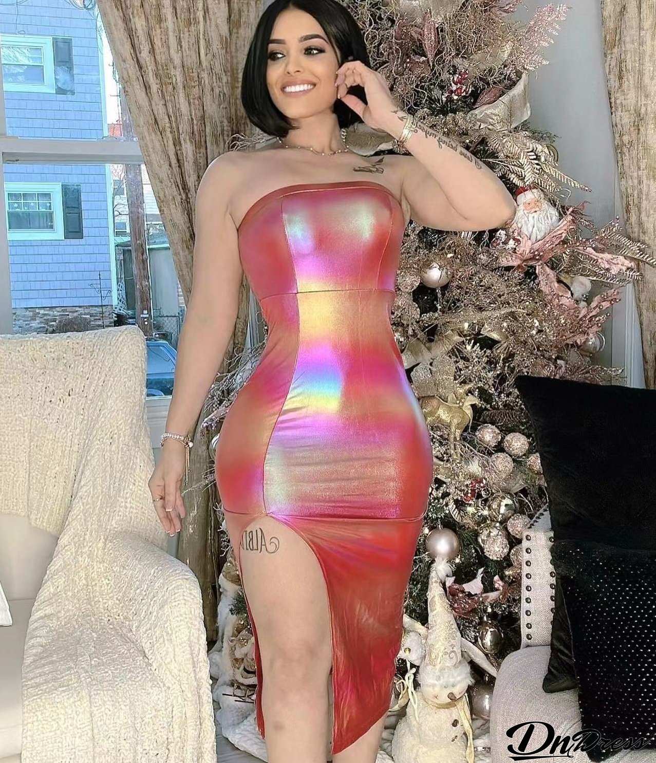 Women Clothing Features Shiny Gradient Pu-Leather High Slit Chest Wrap Dress