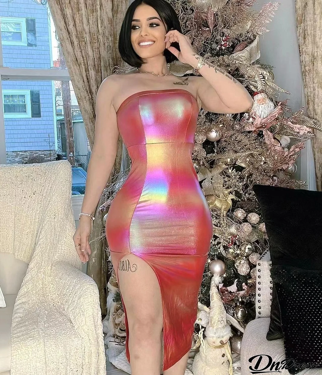 Women Clothing Features Shiny Gradient Pu-Leather High Slit Chest Wrap Dress