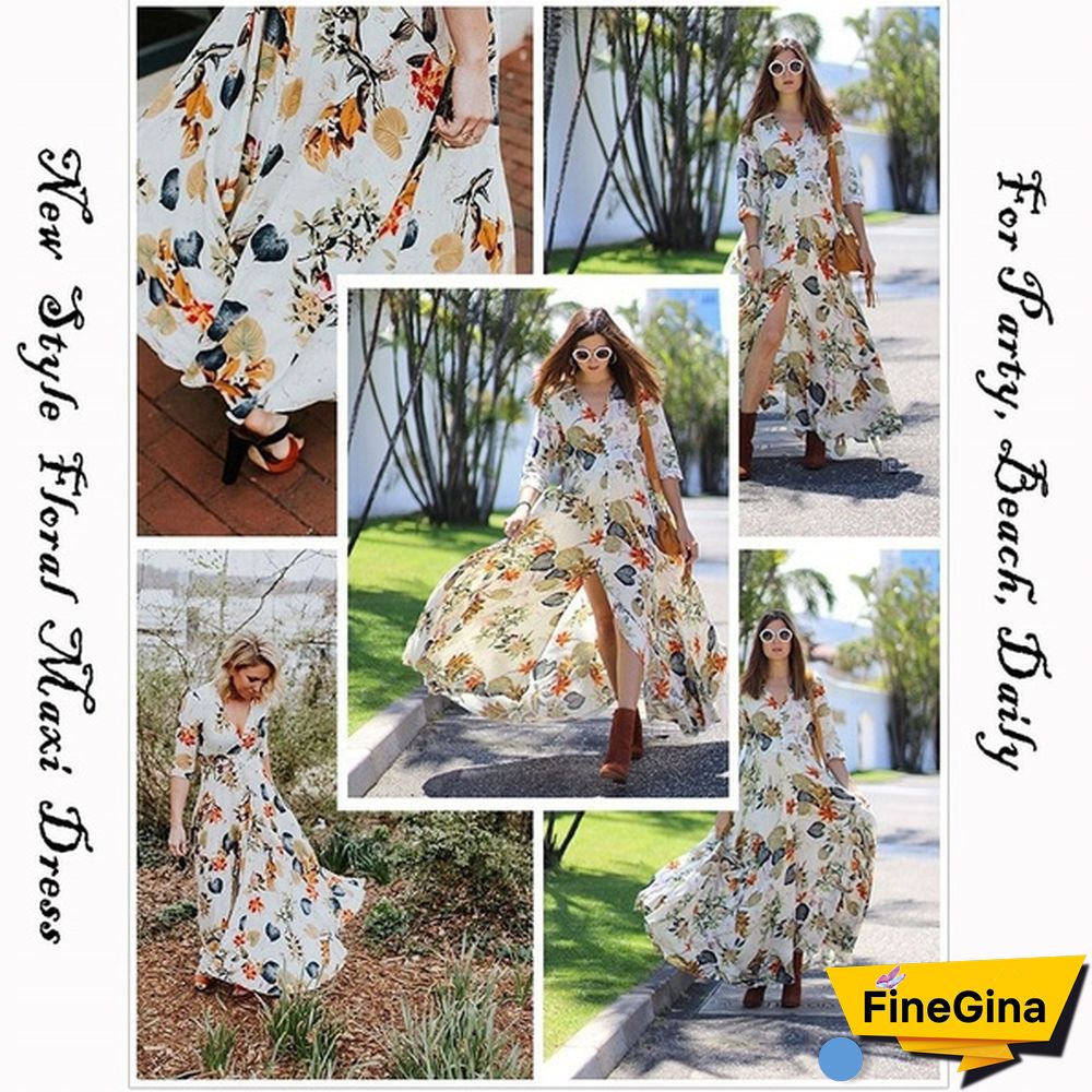 Womens Fashion Bohemian V Neck Print Big Swing Long Dress Plus Size