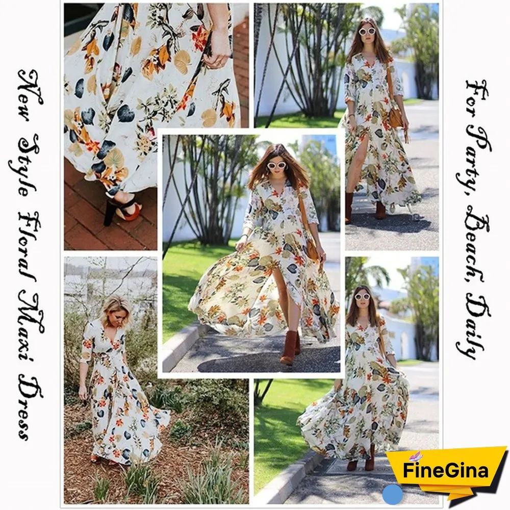 Womens Fashion Bohemian V Neck Print Big Swing Long Dress Plus Size