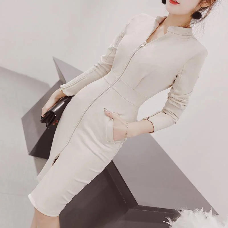 New Autumn Woman Clothes Elegant Dress Zipper Long Sleeve Solid Color Stand-up collar Dresses Fashion Fall Women Clothing