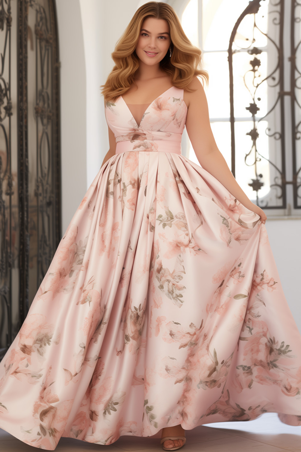 Flycurvy Plus Size Wedding Guest Light Pink Satin Floral Print Deep V Neck Empire Waist Maxi Dress 2024 - Flycurvy 
