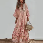 Vintage Boho Floral Lace Patchwork Flowy Linen Maxi Dress - Image 2