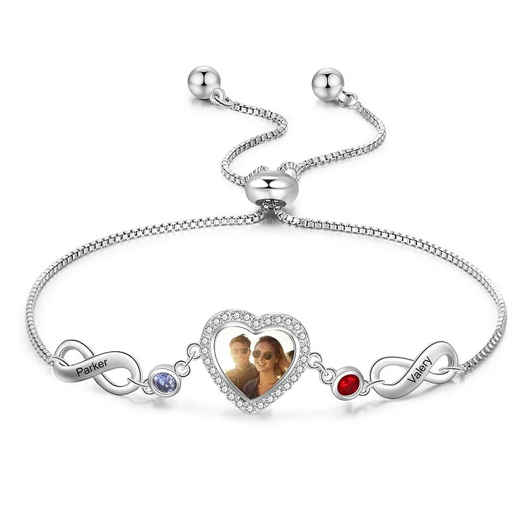 Pulsera con Corazón de 1 Foto Personalizada y con 2 Infinito de Nombres con 2 Piedras de Nacimiento