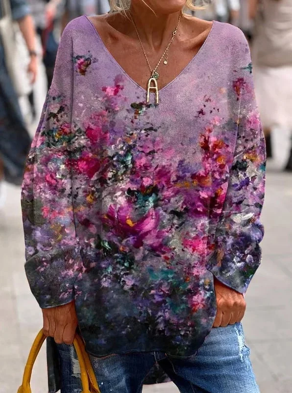 Women's Retro Floral Art Print Long Sleeve Top