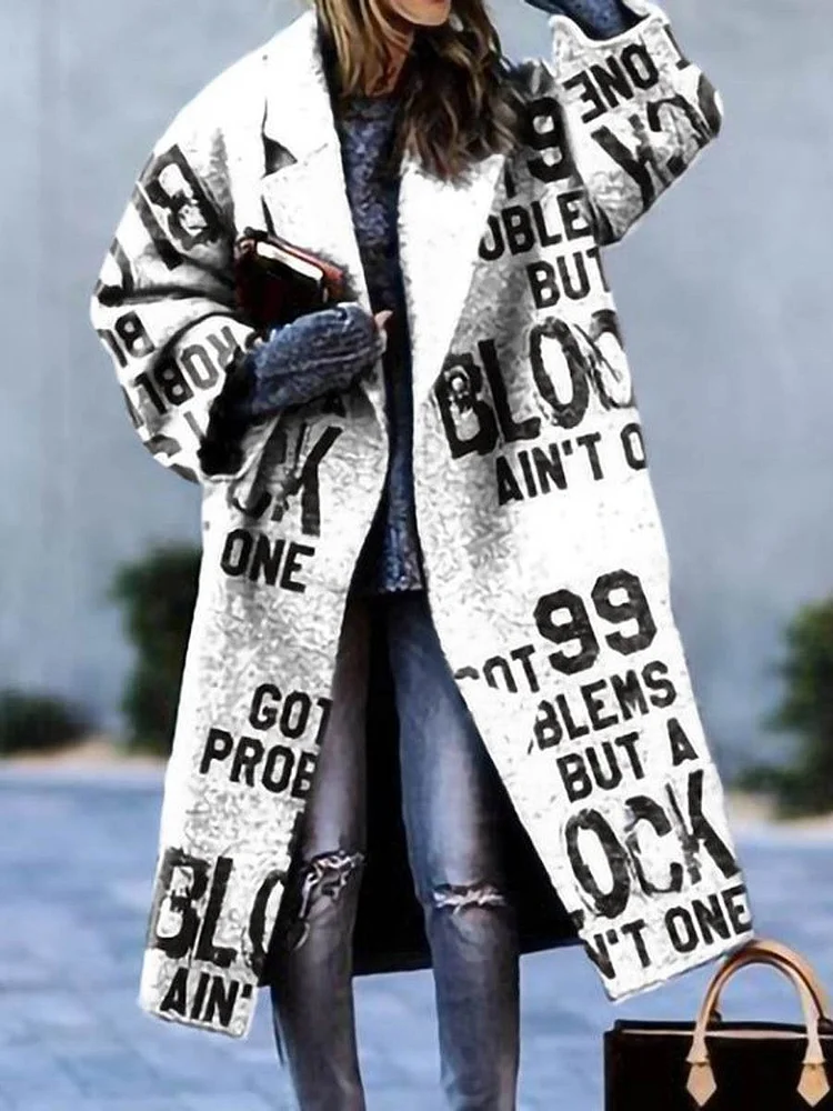 Women's Stylish Casual Long Sleeve Lapel Alphabet Art Printed Woolen Long Coat