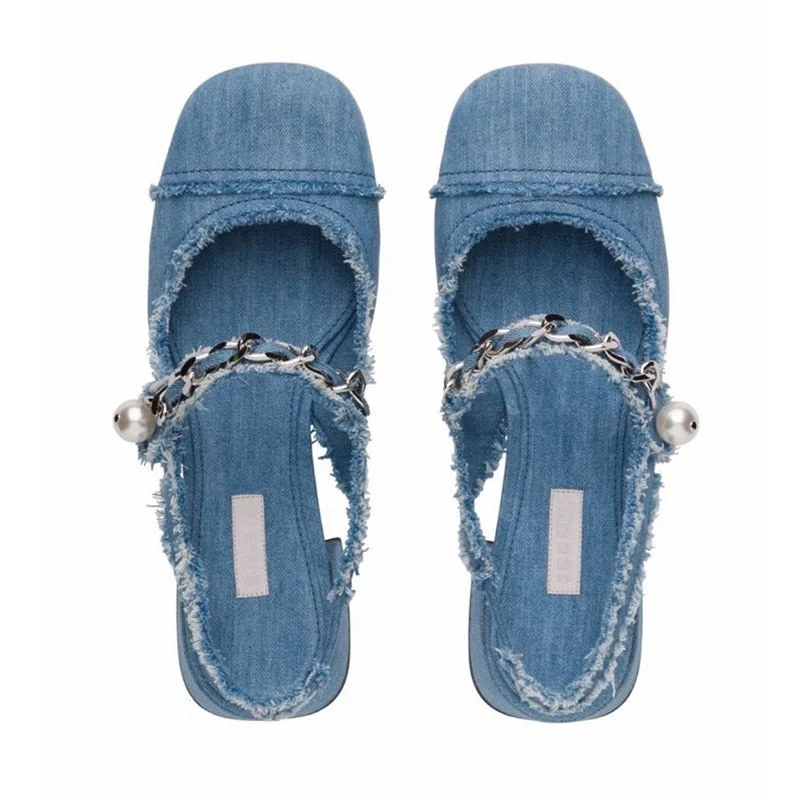 blue denim cloth sandals metal chains summer shoes woman square toe med-high heels jeans sandalias mujer 2022 mary janes shoes