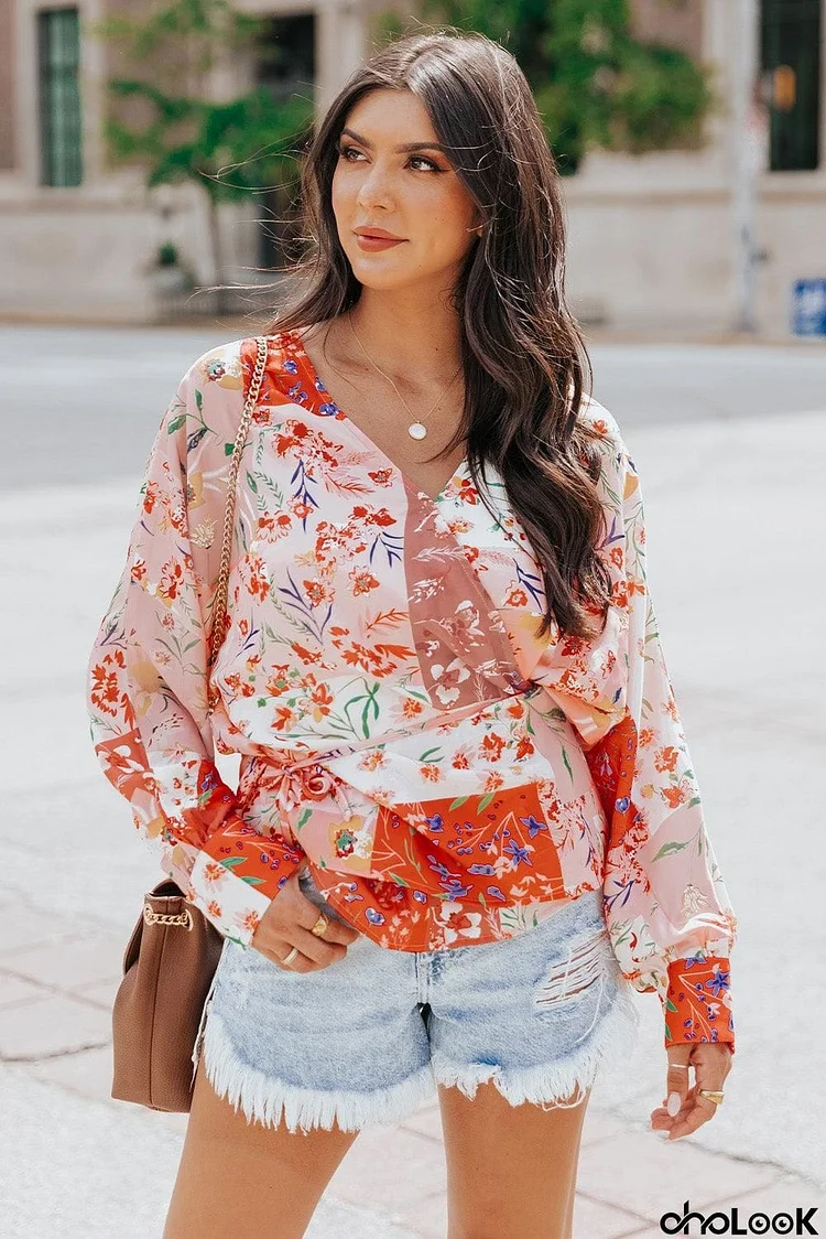 Floral Belted Surplice Blouse