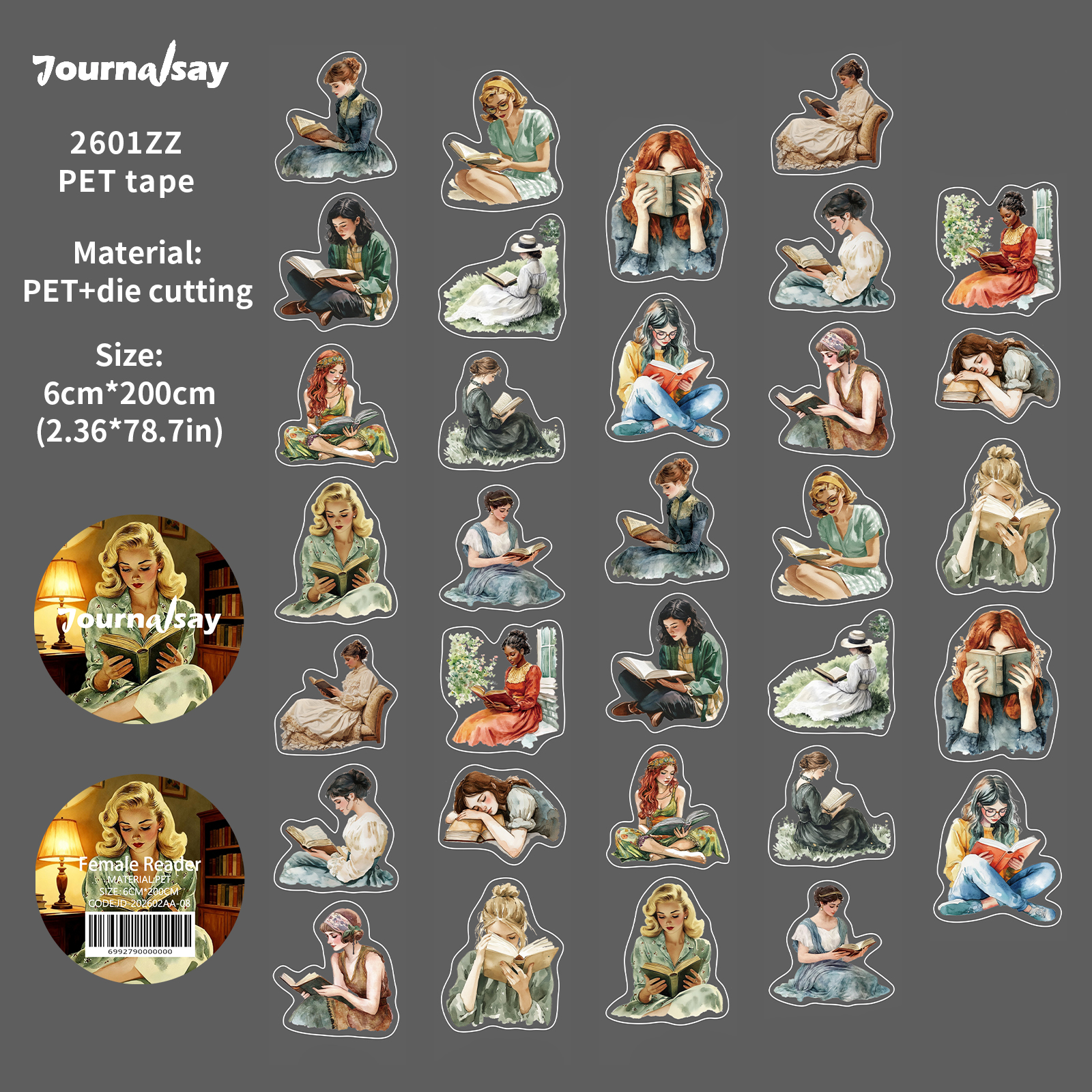 PET 테이프 - 60mm*200cm 빈티지 여성 독자 캐릭터