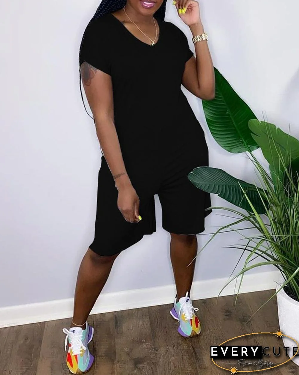 Short Sleeve V-Neck Plain Romper