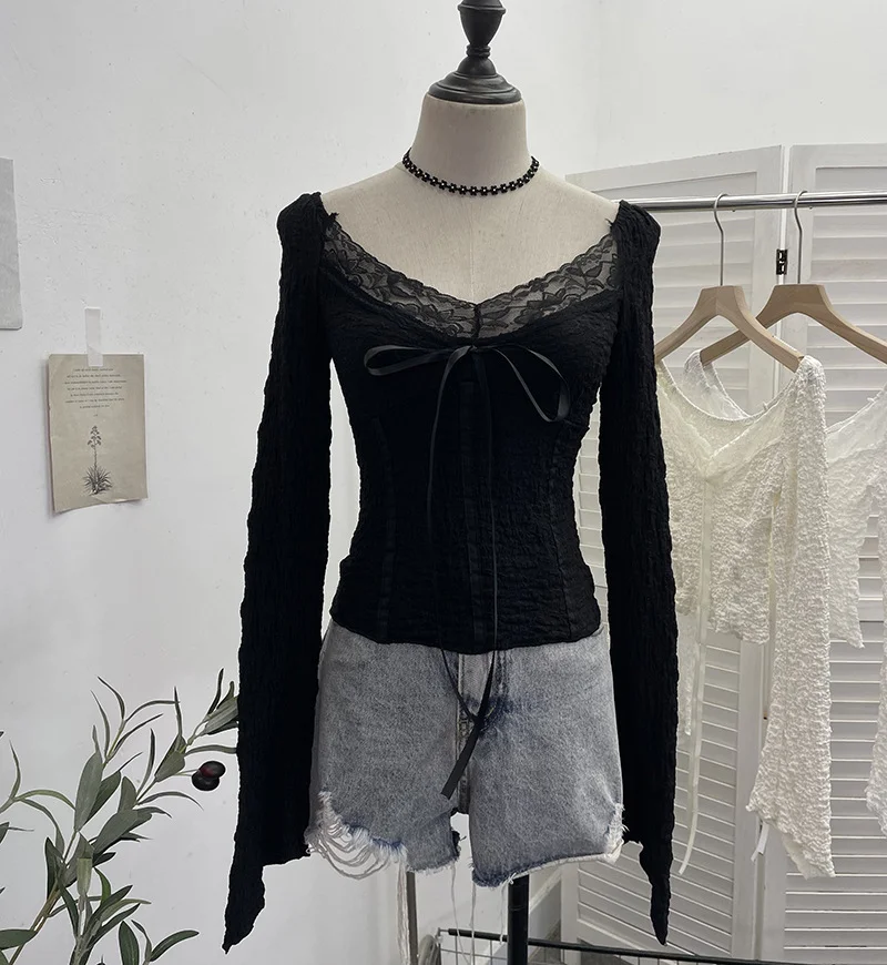 Uveng Real Shooting Merard Wind Strapted Bow Splicing Lace Pure Desire Blouse Folding Body Short Blouse 6015