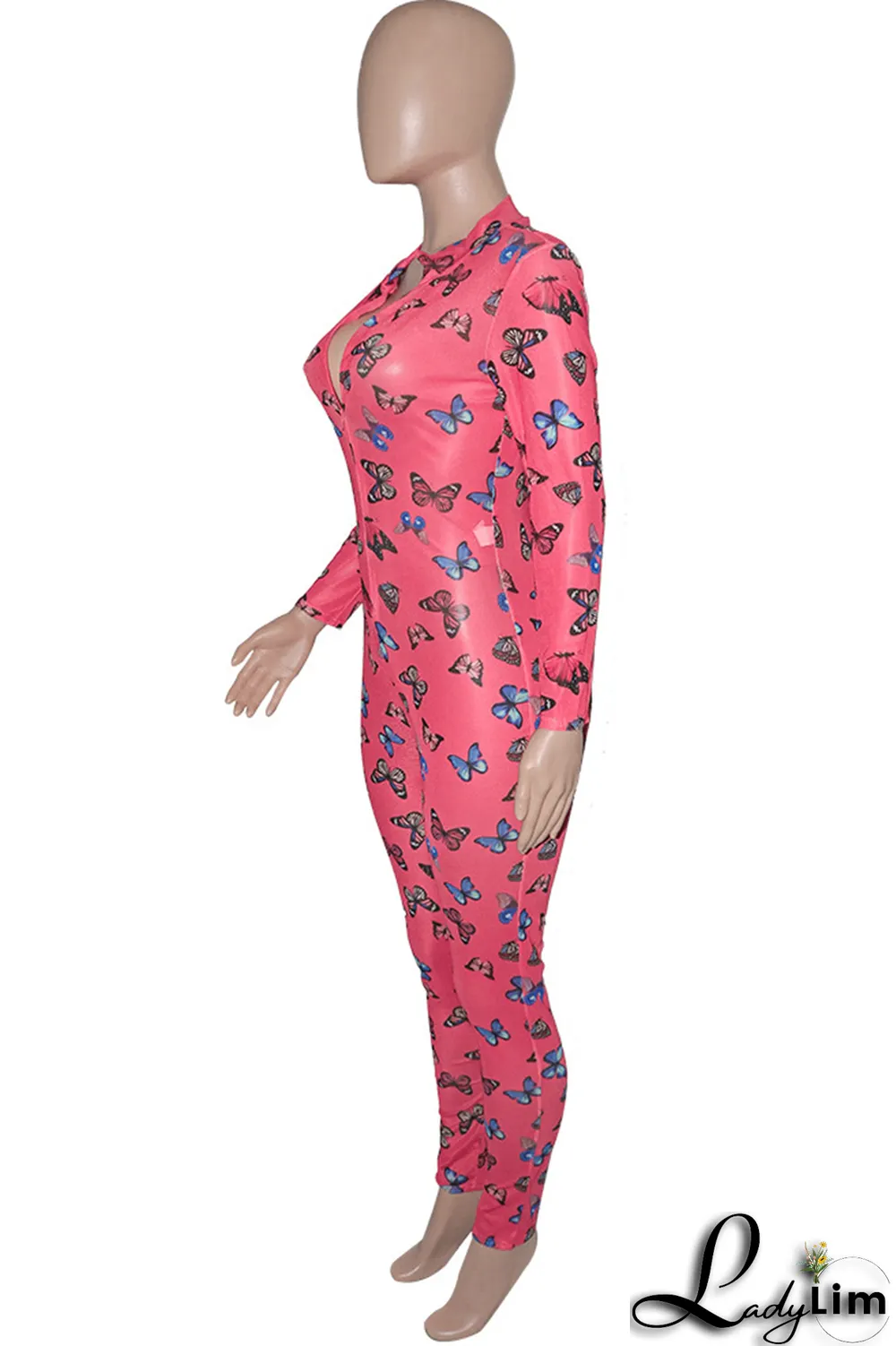 Rose Red Sexy Butterfly Print Patchwork Zipper Collar Skinny Jumpsuits