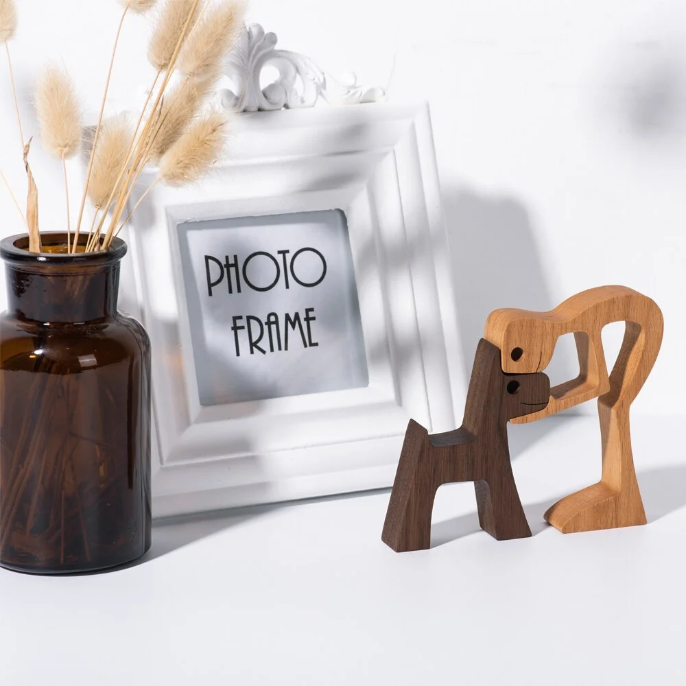 Creative Wooden Dog Figures Table Decorarion Men and Dog Statue Art Craft Carving Miniature Decoration Home Decor Desk Ornaments