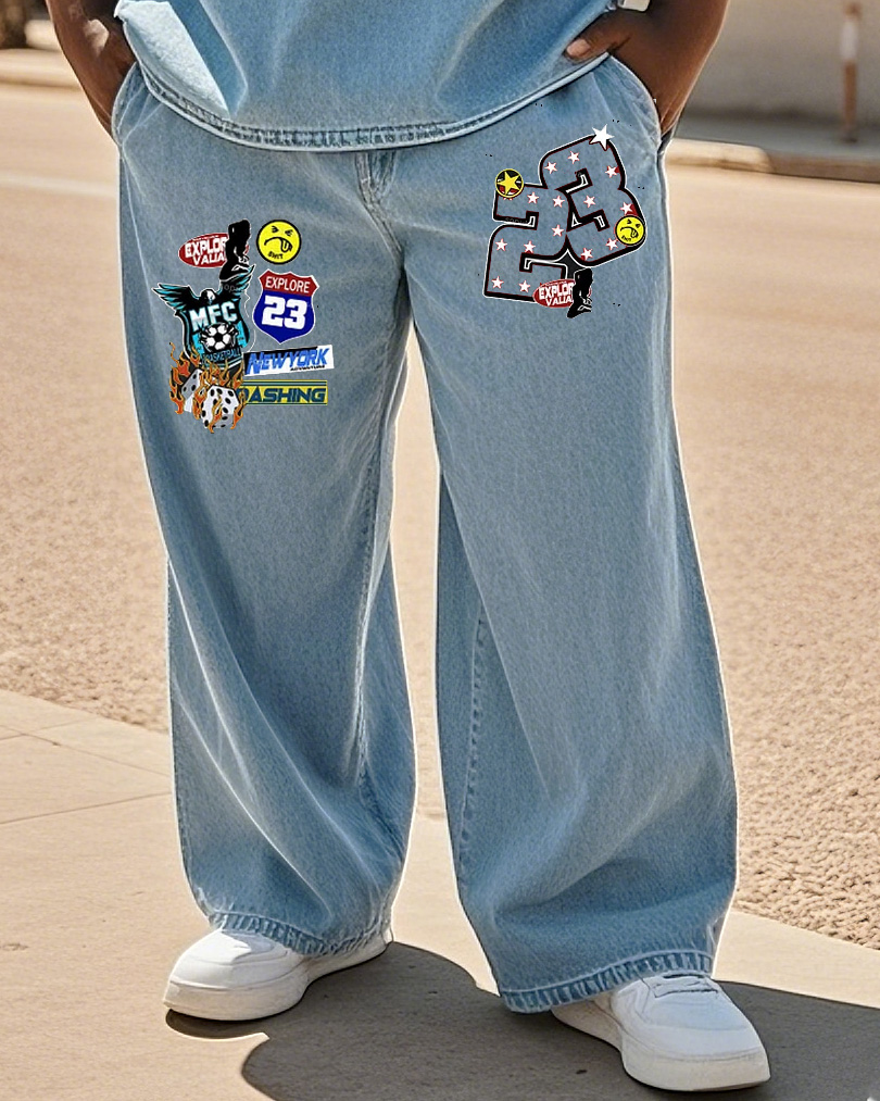 Big & Tall Men's Street Fashion Trend Personality Hot Stamping Denim Pants