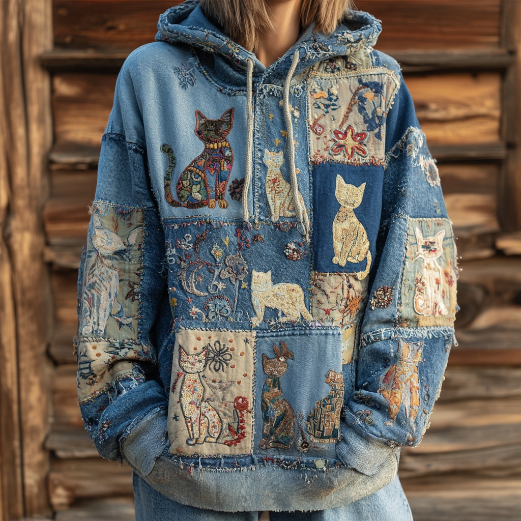 Women's Denim Cute Cat Bohemian Floral Patchwork Print Hoodie elevenforest