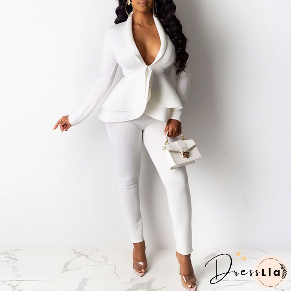 Women's Formal Work Blazer Jacket Pants Business Office Outfits Suit Set Ruffle Solid Color
