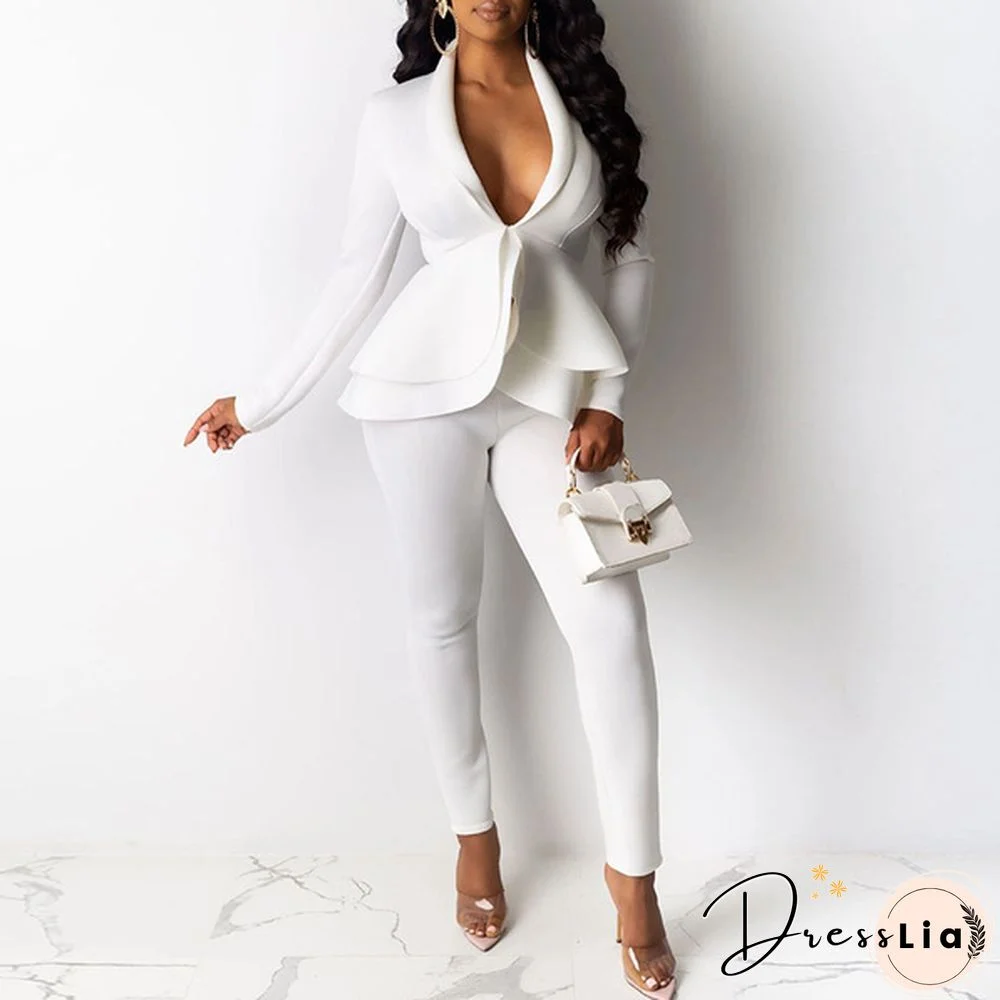 Women's Formal Work Blazer Jacket Pants Business Office Outfits Suit Set Ruffle Solid Color