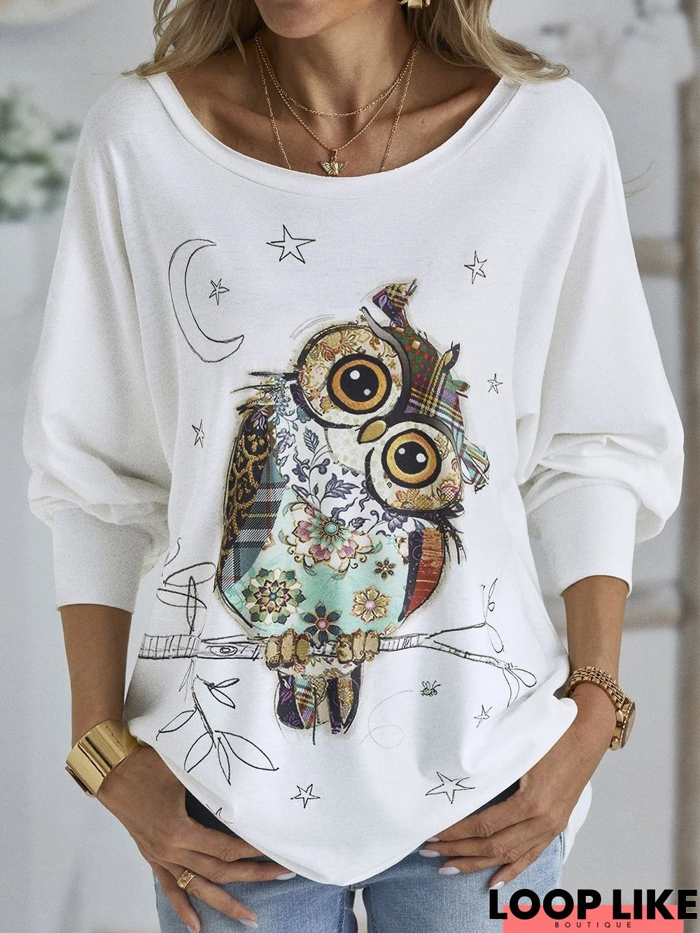 Long Sleeve Casual Round Neck Printed Tunic Top