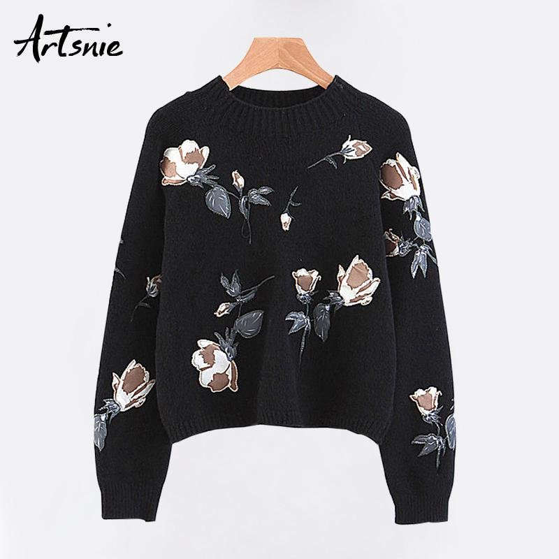 Artsnie White Streetwear Embroidery Floral Knitted Pullovers Women Autumn 2018 O Neck Long Sleeve Tricot Pull Femme Girl Sweater