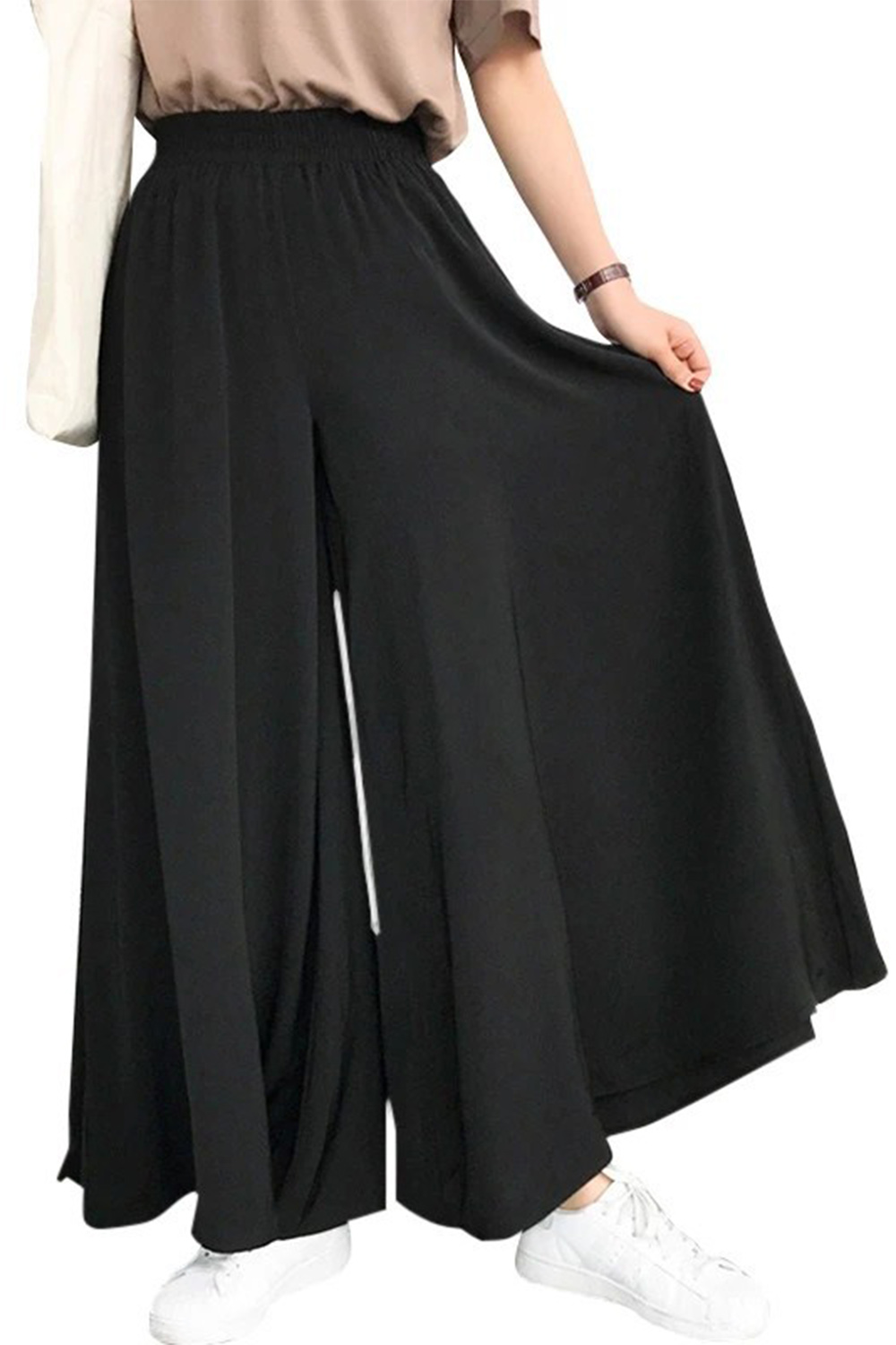 Plus Size Casual Black Elastic High Rise Wide Leg Pants 2024 - Flycurvy 