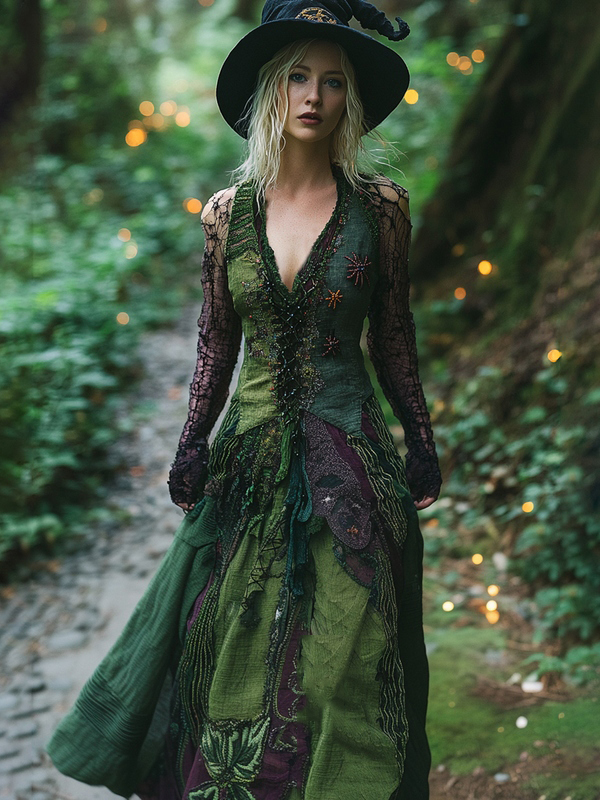 Halloween Themed Patchwork Embroidered Witch Tank Maxi Dress